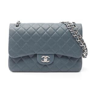 Chanel Double Flap Shoulder Bag Caviar Leather Grained Calfskin Blue